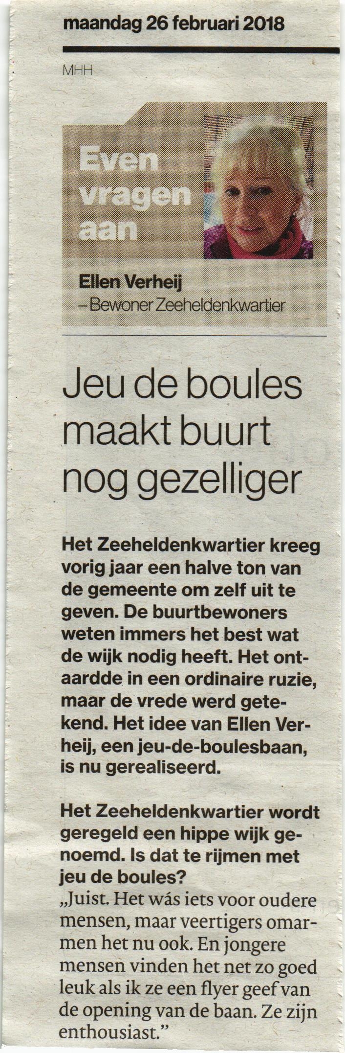 February 26, 2018 AD newspaper article Jeu de boules maakt buurt nog gezelliger.